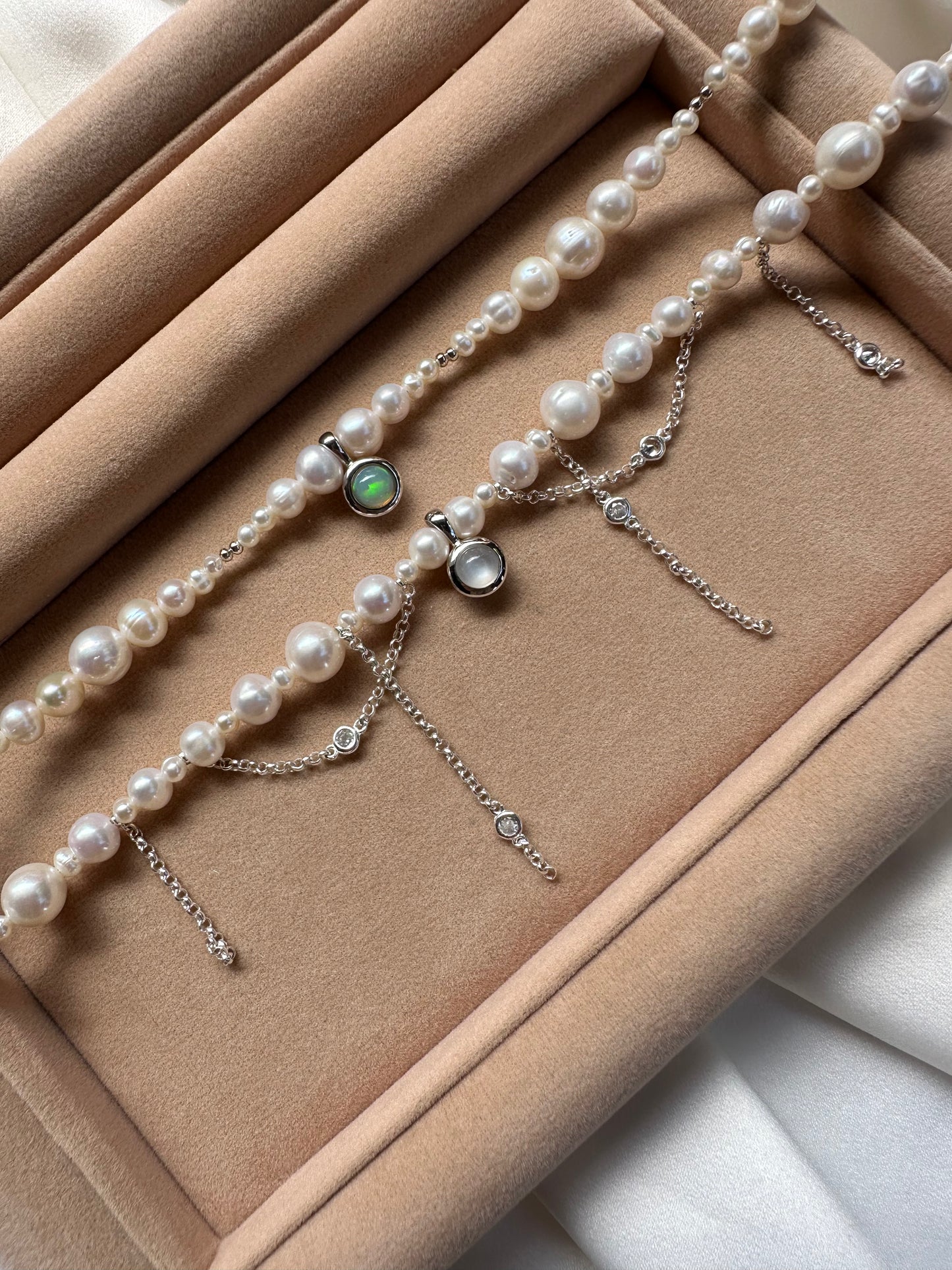 Freshwater Pearl Necklace with Moonstone Pendant – 925 Sterling Silver, Rhodium Plated, Cubic Zirconia Chains