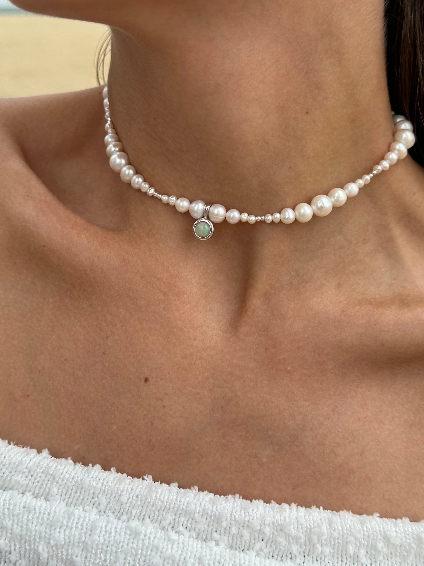 Freshwater Pearl Necklace with Opal Pendant – 925 Sterling Silver, Rhodium Plated