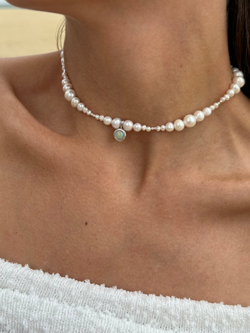 Freshwater Pearl Necklace with Opal Pendant – 925 Sterling Silver, Rhodium Plated
