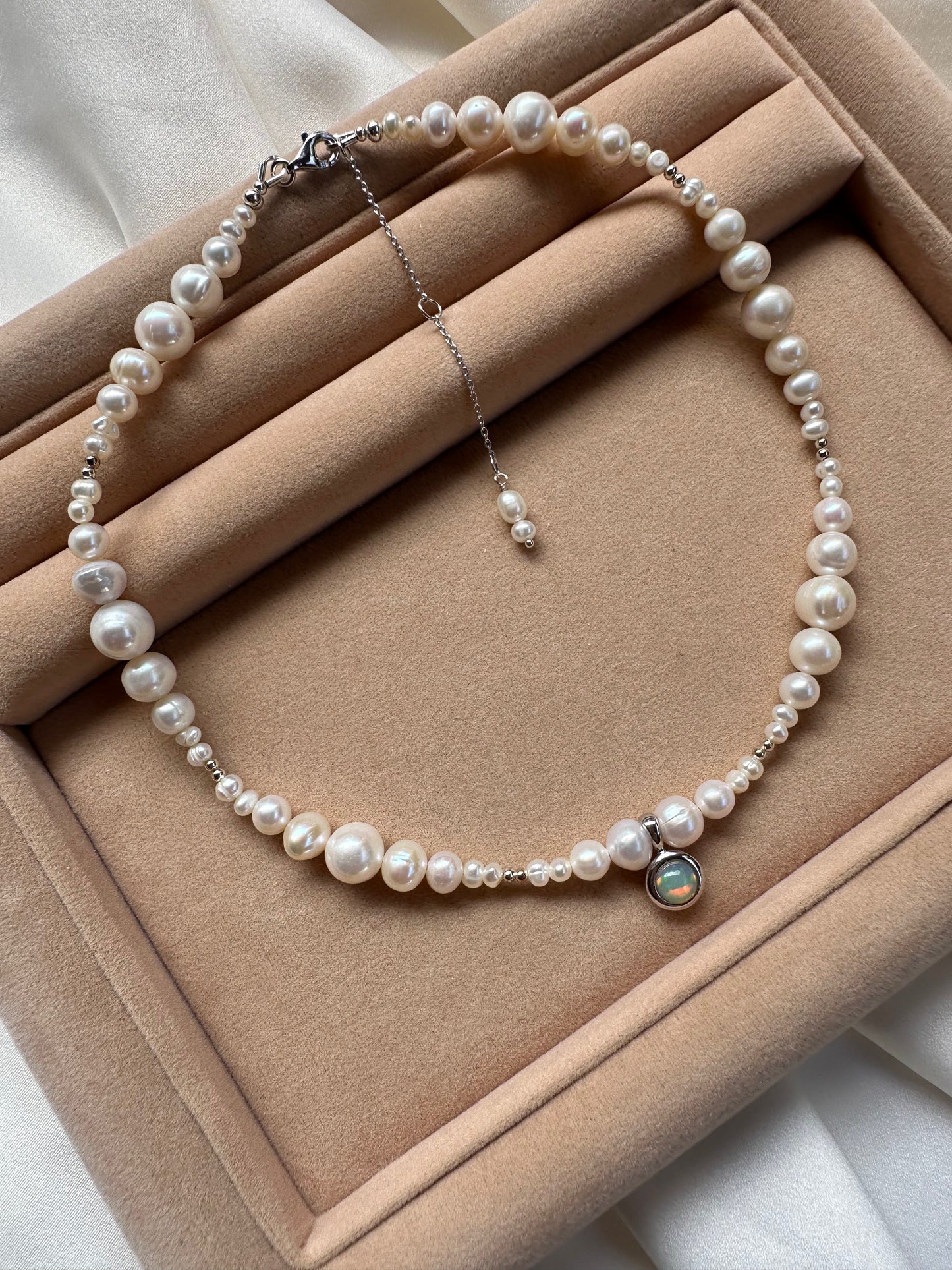 Freshwater Pearl Necklace with Opal Pendant – 925 Sterling Silver, Rhodium Plated