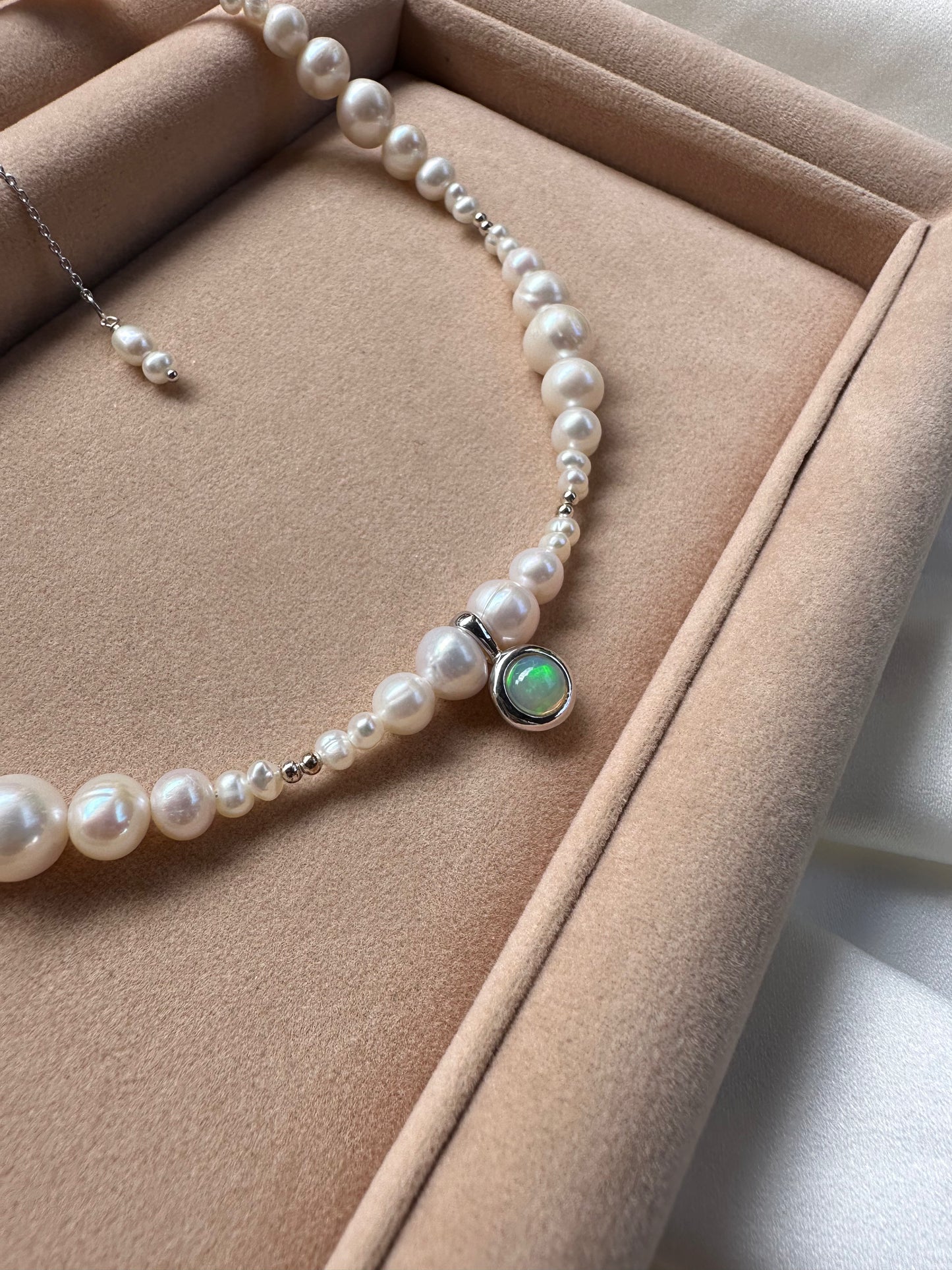 Freshwater Pearl Necklace with Opal Pendant – 925 Sterling Silver, Rhodium Plated